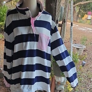 Crown & Ivy Navy Blue White Stripe Pink Trim Long Sleeve Top Size 3X